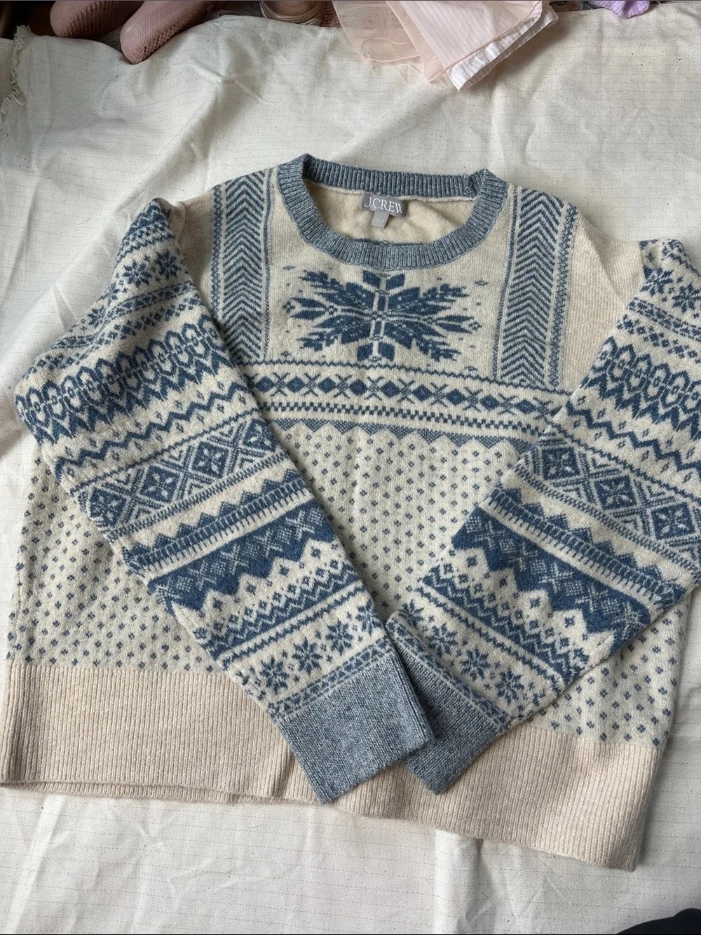 J. Crew Cream and Blue Fair Isle Crewneck Sweater
